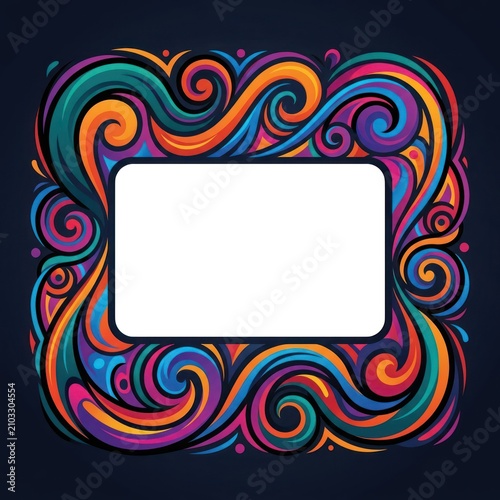 A vibrant, swirling design with multicolored patterns surrounds a white rectangle on a dark background