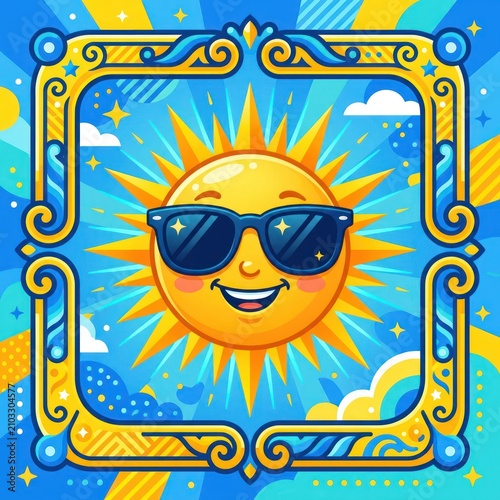 A cartoon sun with sunglasses and a smiling face surrounded by a decorative border on a blue background with clouds and rays