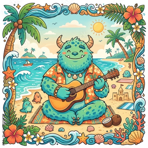 A vibrant illustration of a smiling green monster playing a guitar on a colorful beach with palm trees and seashells
