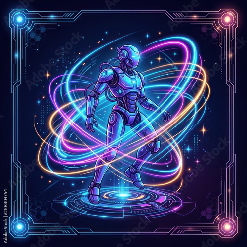 A futuristic humanoid figure in metallic armor surrounded by swirling neon pink, blue, and yellow lights on a dark background with a glowing circuit border