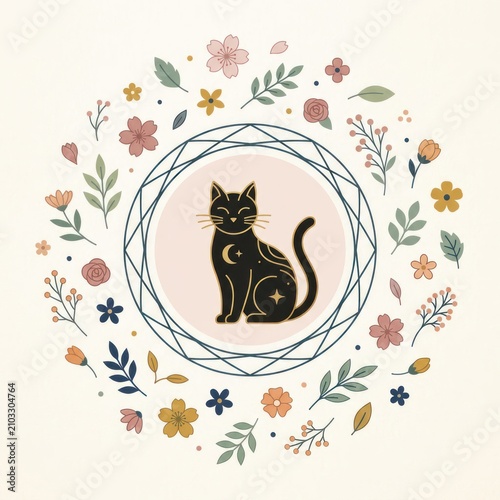 A whimsical illustration of a black cat surrounded by a colorful floral wreath on a cream background