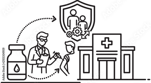 Bild auf Leinwand Vaccination vector illustration with doctor injecting patient, vaccine vial, hos