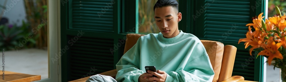 Obraz premium Young man relaxing on an armchair using smartphone in green sunlit interior for lifestyle banner and social media background