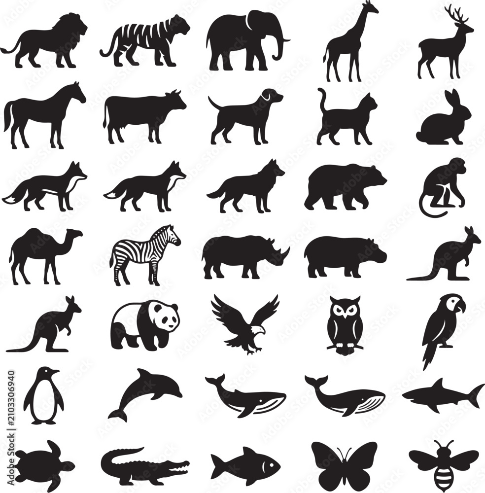 Obraz premium Black Animal Silhouette Collection Isolated on White Background