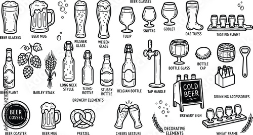 Tableau sur toile Beer Bottle and Glass Set Hand Drawn Doodle Vector Illustration