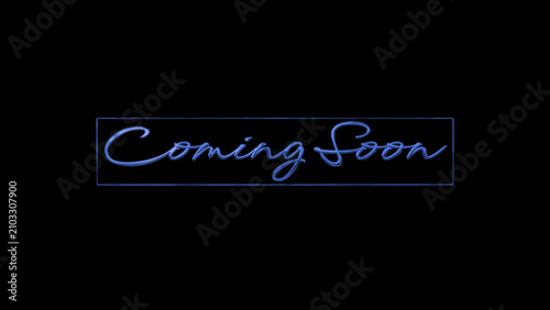 Coming soon cinematic text image in blue color on black background, glowing dramatic title reveal with light distortion, modern promo teaser typography animation for trailer 
