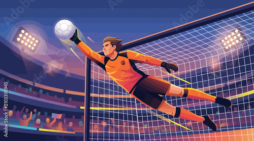 Bild auf Leinwand Soccer goalkeeper diving to catch a ball near the net in a stadium at night vect
