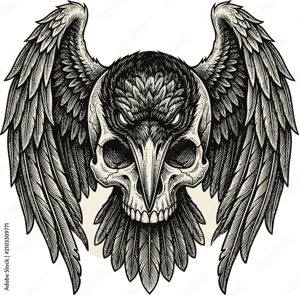 Obraz premium Raven bird skull with wide feathered wings feathers illustration mystical
