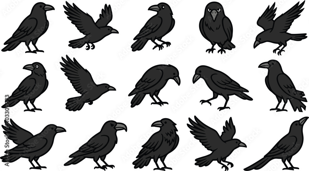 Naklejka premium Set of black crows in different poses, cartoon style vector illustration of ravens