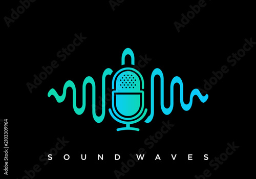 Canvastavla Microphone with sound waves vector logo design for podcast or audio studio