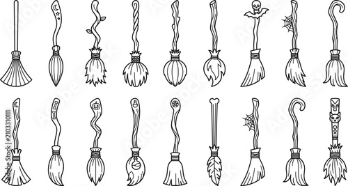 Konstfotografi Set of handdrawn witch brooms, magic broomsticks for halloween, collection of my