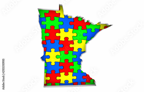 Minnesota MN State Map Autism Puzzle Pieces Awareness Autistic Symbol Spectrum 3d Illustration