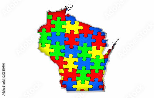 Wisconsin WI State Map Autism Puzzle Pieces Awareness Autistic Symbol Spectrum 3d Illustration