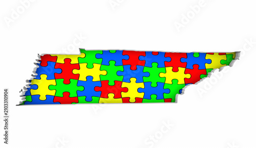 Tennessee TN State Map Autism Puzzle Pieces Awareness Autistic Symbol Spectrum 3d Illustration