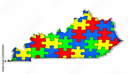 Kentucky KY State Map Autism Puzzle Pieces Awareness Autistic Symbol Spectrum 3d Illustration