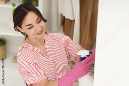 Beautiful housewife cleanin...