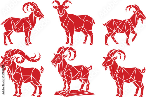 Foto Geometric red goat silhouettes set, 6 low poly mountain ibex vector icons, moder