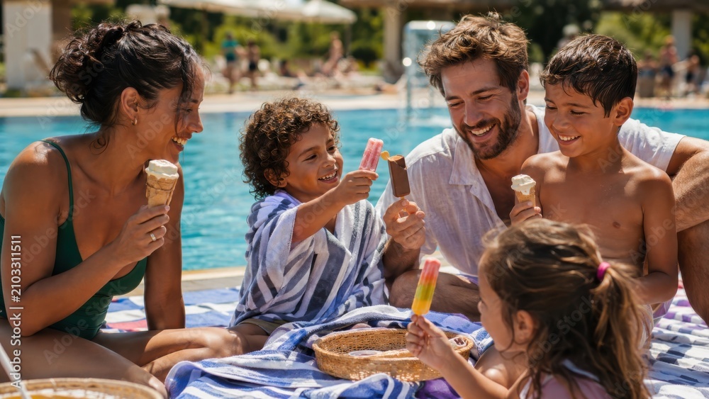 Fototapeta premium Familie mit Eis am Pool – Eltern und Kinder sitzen entspannt auf einer Decke am Beckenrand und genießen Eis, Sonne und gemeinsamen Urlaub in sommerlicher Atmosphäre.