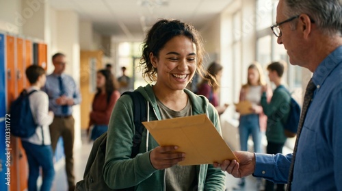 Happy high school student receiving exam results or college acceptance letter from teacher in school hallway, celebrating academic success.