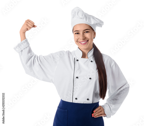 Young female chef showing m...