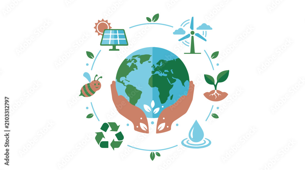 Naklejka premium Hands Holding Globe Surrounded by Renewable Energy Icons and Nature Symbols Illustration