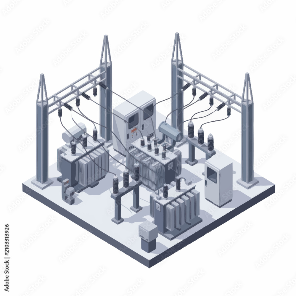 Obraz premium Isometric view of electrical substation with transformers and power lines.