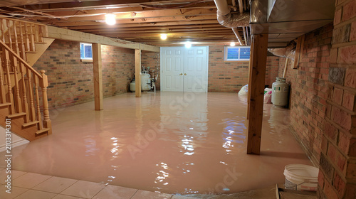 A residential basement floor is covered in standing flood water. This image represents the destructive consequences of severe home flooding and water damage.