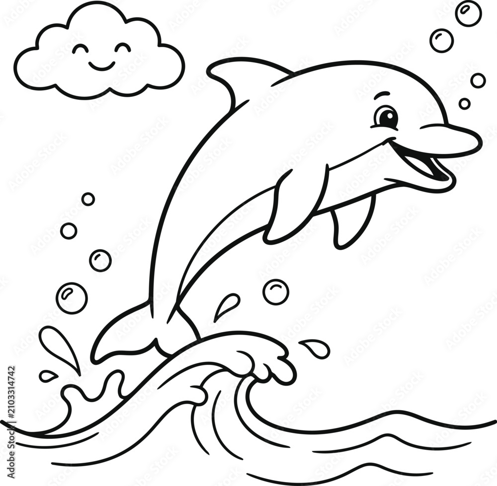 Obraz premium Playful dolphin leaping from waves black and white cartoon illustration