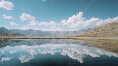 A tranquil landscape showcases mountains standing tall against a clear blue sky. The calm water mirrors the stunning scenery, creating a peaceful atmosphere at dawn or dusk
