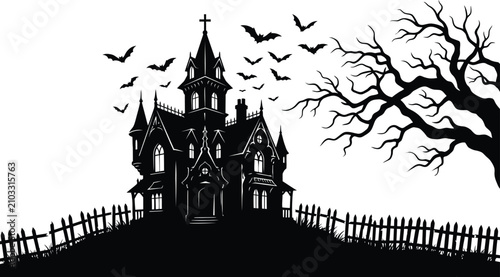 Spooky haunted house illustration for happy halloween day bats and creepy mansion scene