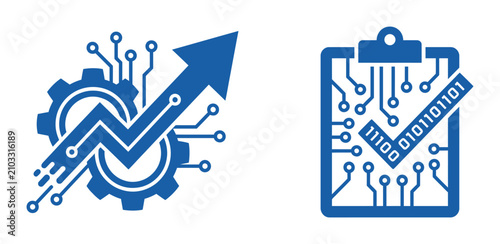 Data analytics growth chart and gear icon set for business optimization