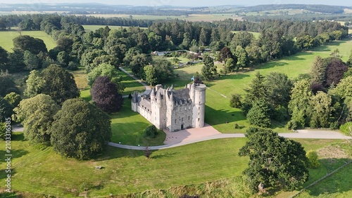 Establishing stock photo capturing the ancient castle keep and walled gardens of Castle Fraser Garden and Estate in rural Aberdeenshire, Scotland, United Kingdom