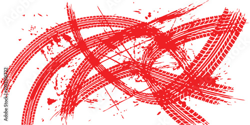 Konstfotografi Abstract red tire tracks and skid marks showing aggressive driving patterns on a