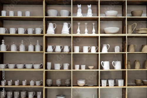 White Ceramics on Shelves