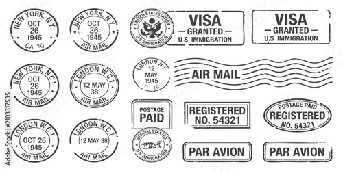 Bild auf Leinwand Set of vintage postage stamps and ink postal cancellation marks from New York an