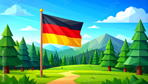 A vibrant illustration depicts the german flag over scenic mountains