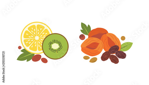 Fresh fruits including sliced lemon and kiwi paired with dried apricots and dates on a white background.