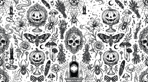 Seamless pattern featuring hand drawn gothic elements including skulls moths spiders candles and pumpkins for dark aesthetic halloween design projects