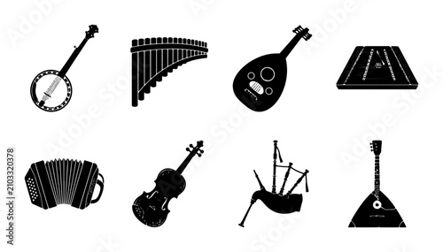 Foto Diverse Musical Instruments Collection: Banjo, Pan Flute, Oud, Accordion, Violin