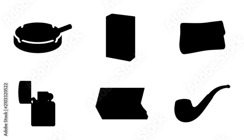 Photos Smoking Accessories Icons Set: Ashtray, Lighter, Pipe, Tobacco Pack, Vector Grap