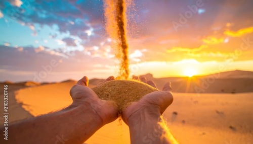 Hands cupping sand with upward flowing grains