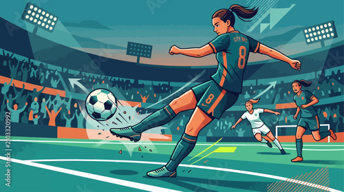 Foto Dynamic female soccer player powerfully strikes the ball in a thrilling stadium