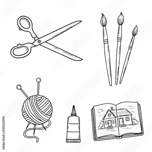 Hand Drawn Art Supplies and Creative Tools Illustration.