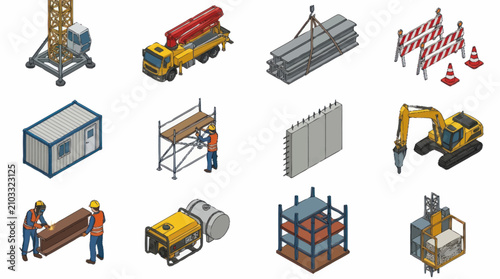 Quadro su tela Isometric Construction Site Equipment and Workers Illustration.
