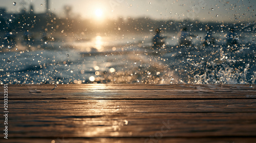 A low-angle shot of a wet wooden platform with a cinematic background of splashing water, sun flare, and blurred rowers on a lake.