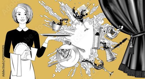 Conceptual composition with a girl waitress holding a round tray, splashes of drinks in a falling glasses and cups, and a theater curtain. Vector illustration in vintage engraving style.