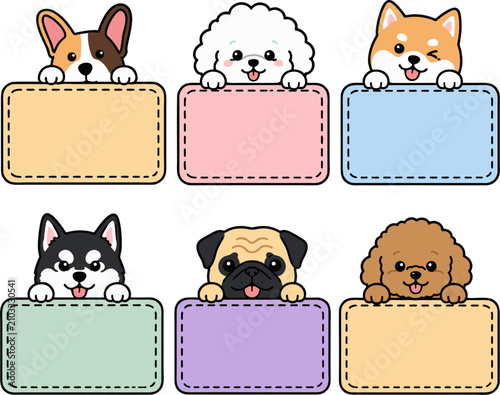 Konstfotografi Cute dog holding blank sign note frame cartoon character vector illustration