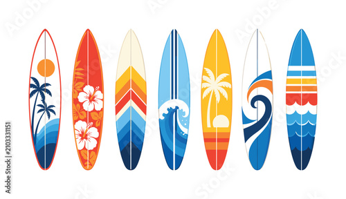 Decorative surfboard set with colorful vertical board designs, surfboards, beach, surfing, boards, summer, stripes, pattern,