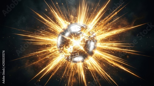 Silver sphere with golden rays burst light energy metallic abstract shine. Explosion glow 3d starburst dramatic power luxury
