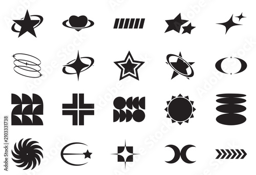 Assorted collection of black geometric symbols and abstract icons with abstract